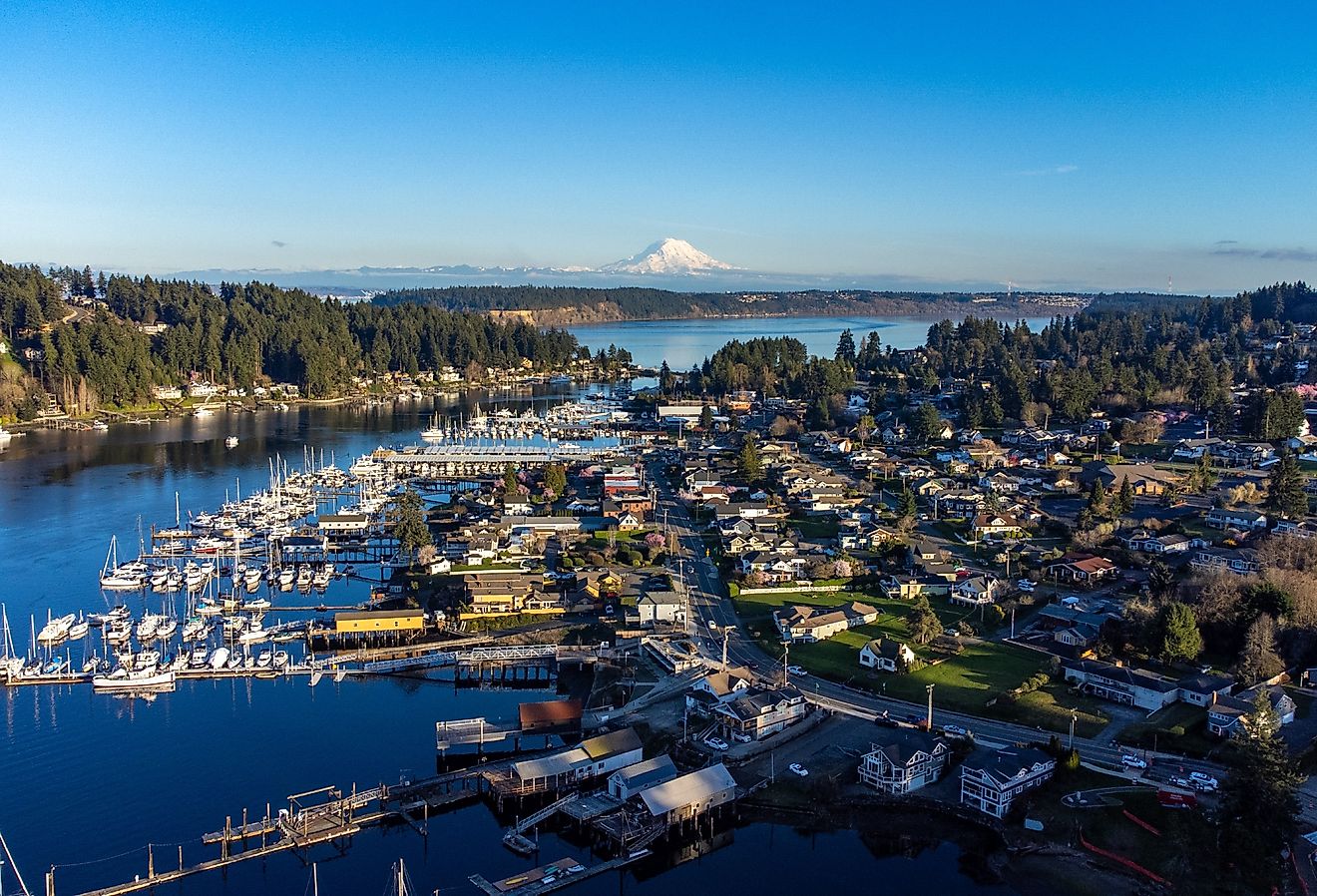 Mount Rainier and boats in Gig Harbor, Washington.