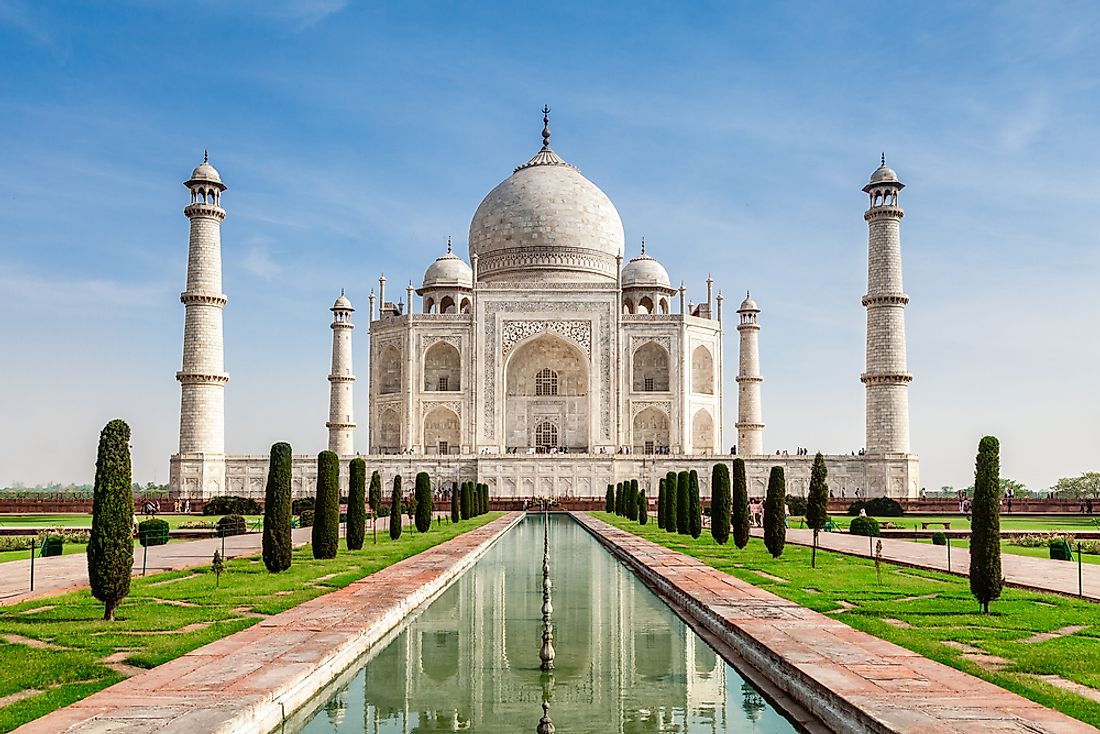 The Taj Mahal sits along the river Yamuna in Agra, India. 
