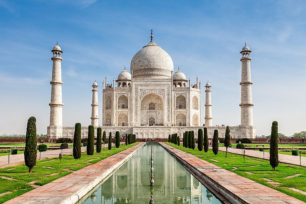 The Taj Mahal sits along the river Yamuna in Agra, India. 