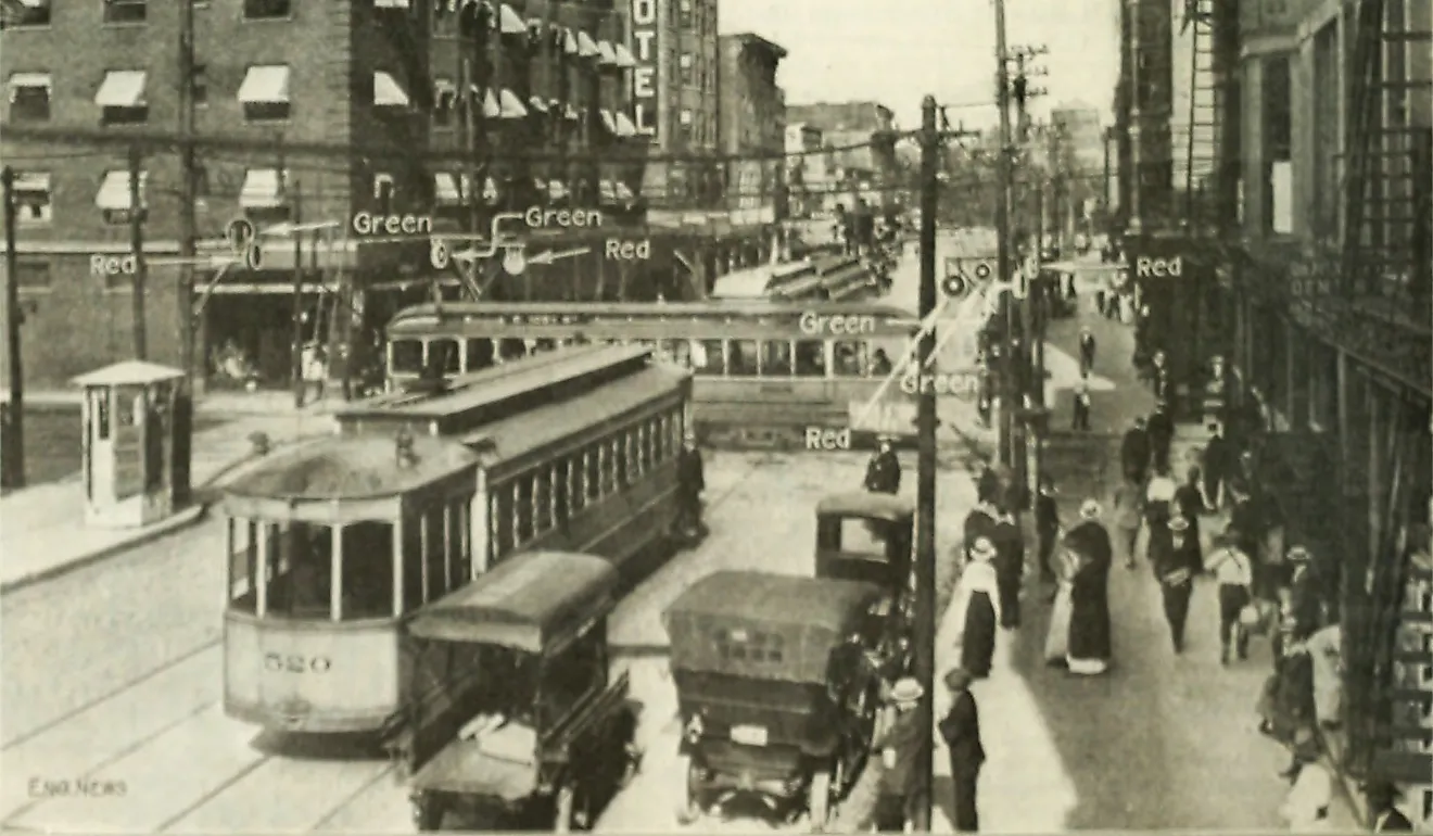 Looking east on Euclid Avenue at East 105th Street in Cleveland, showing the installation of an early electric traffic signal. By Engineering News - (3 December 1914). "Street Crossing Traffic Signals, Cleveland, Ohio". Engineering News 72 (23): 1130. New
