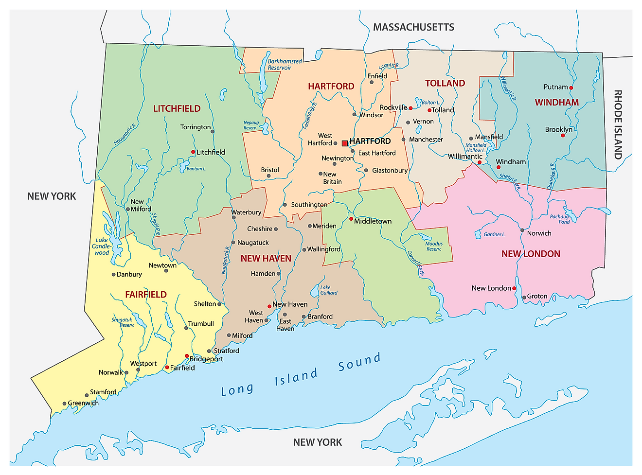Mapa administrativo de Connecticut que muestra sus 8 condados y la ciudad capital - Hartford