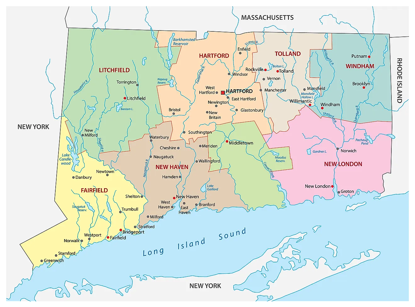 Mapa administrativo de Connecticut que muestra sus 8 condados y la ciudad capital - Hartford