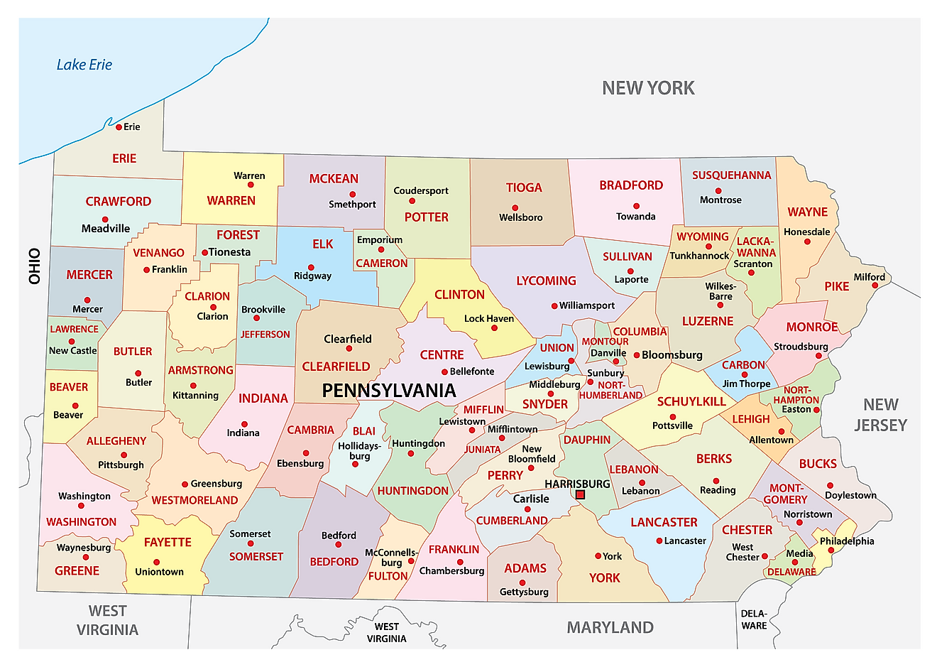 Administrative Map of Pennsylvania showing its 67 counties and the capital city - Harrisburg