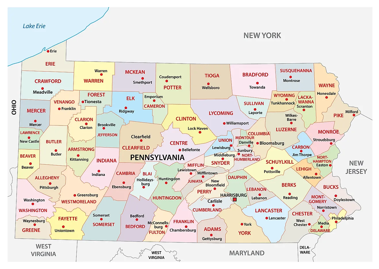 Administrative Map of Pennsylvania showing its 67 counties and the capital city - Harrisburg