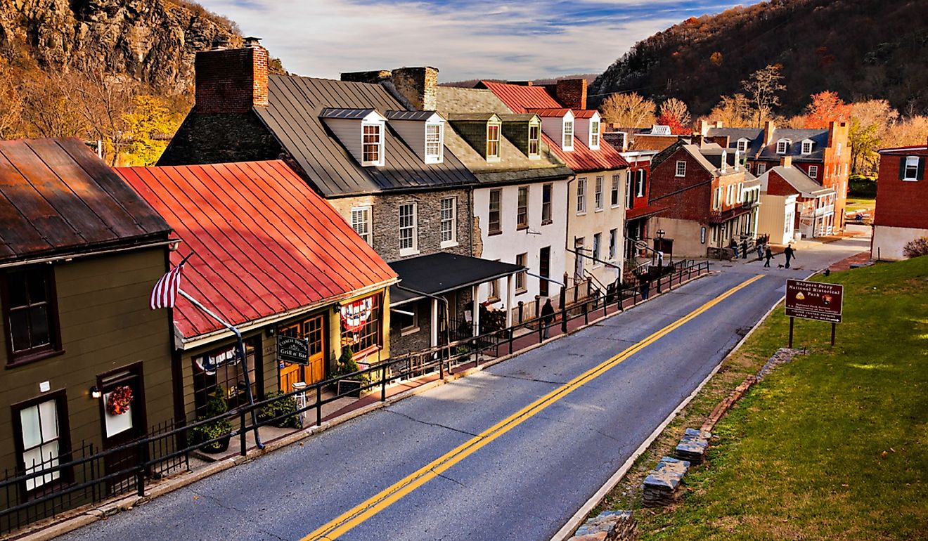Historic buildings and shops on High Street in Harper's Ferry, West Virginia.