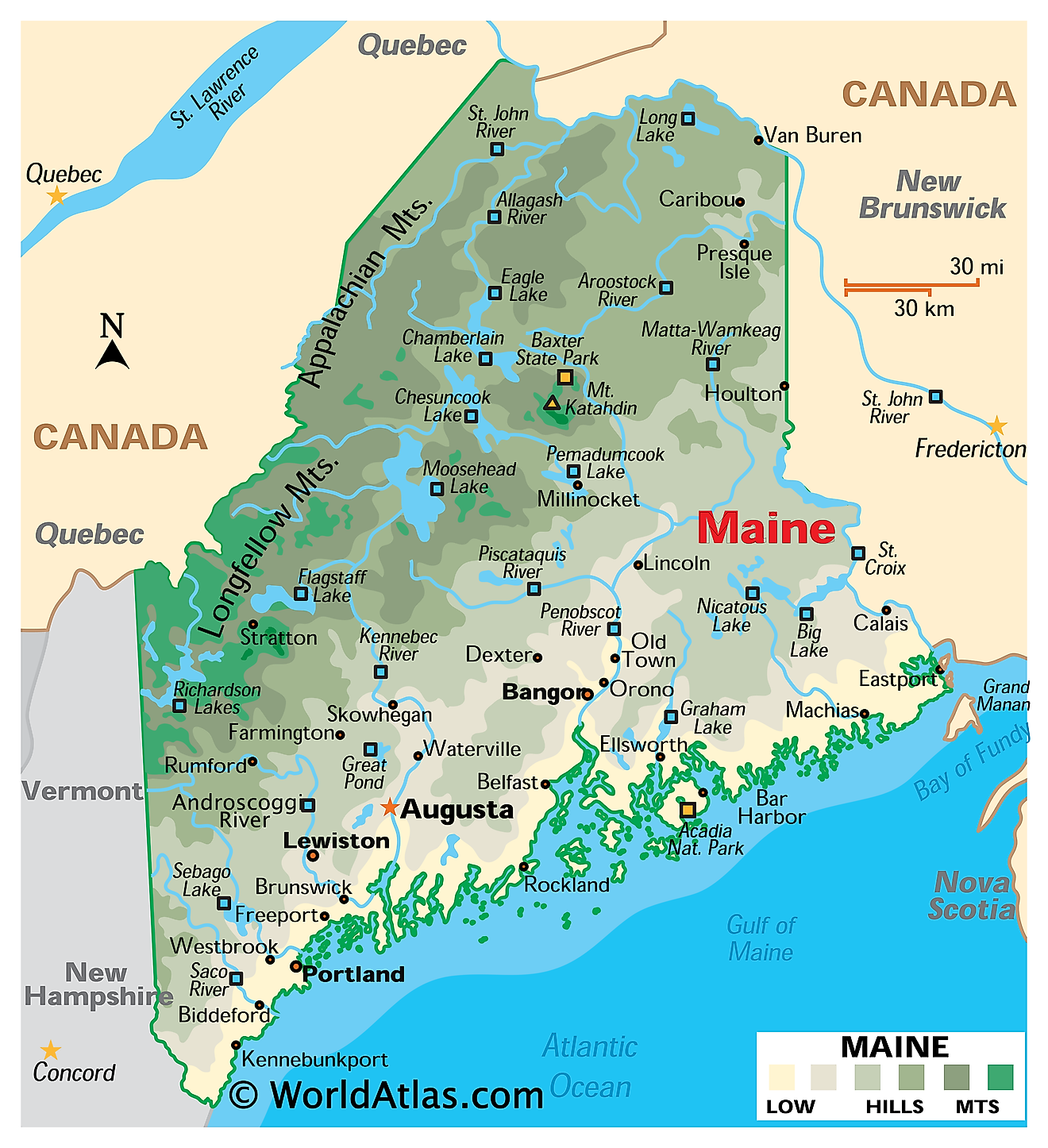 Mapa Físico de Maine. Muestra las características físicas de Maine, incluidas sus cadenas montañosas, ríos y lagos principales.