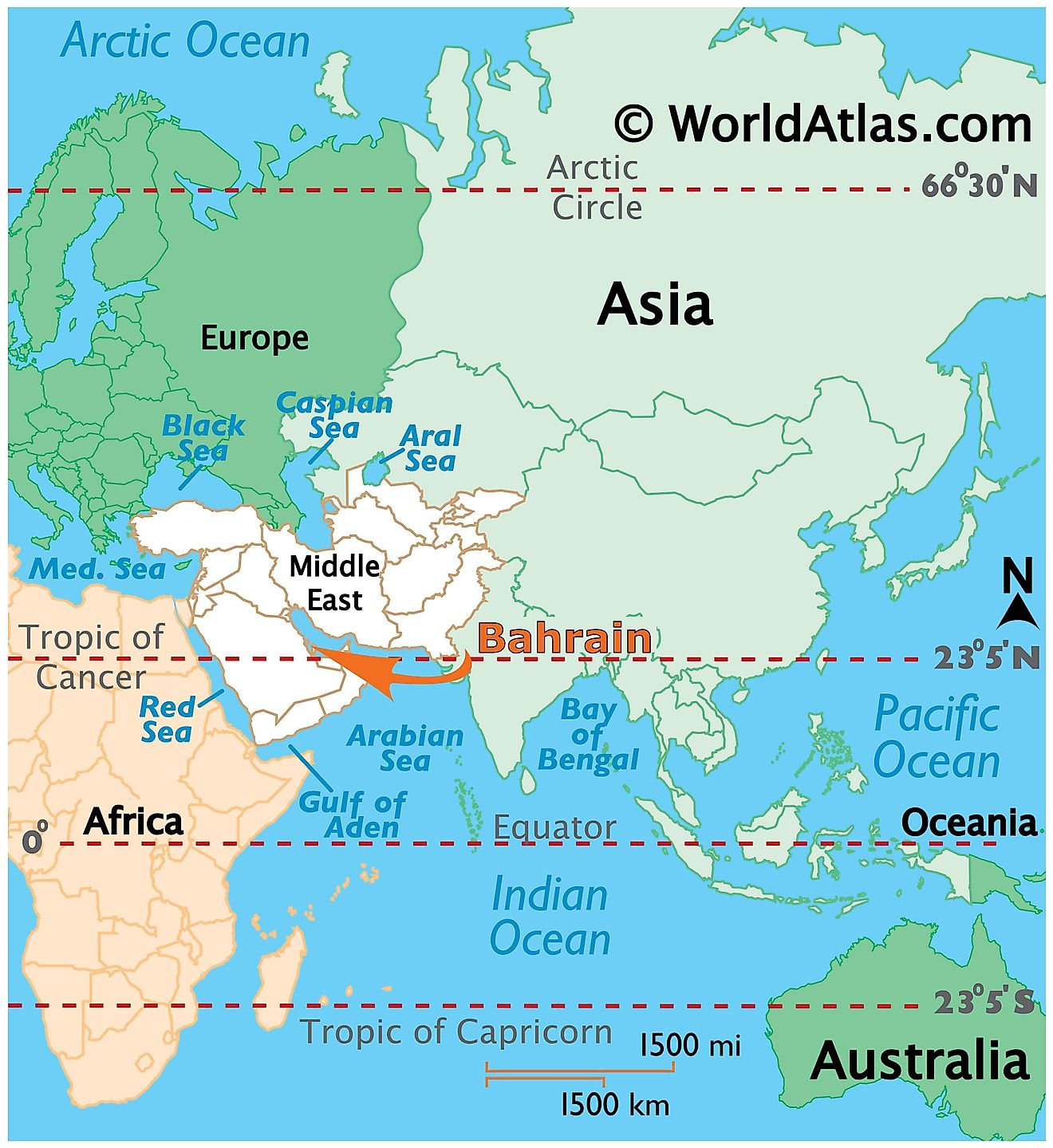 Map showing location of Bahrain in the world.