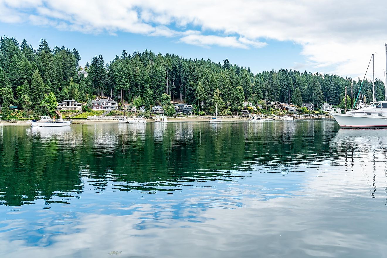 Waterfront houses along the coast in Gig Harbor, Washington.