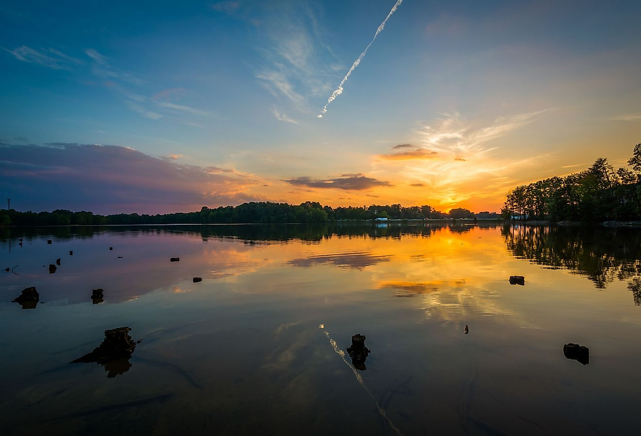 Sunset over Lake Norman from Parham Park, in Davidson, North Carolina.