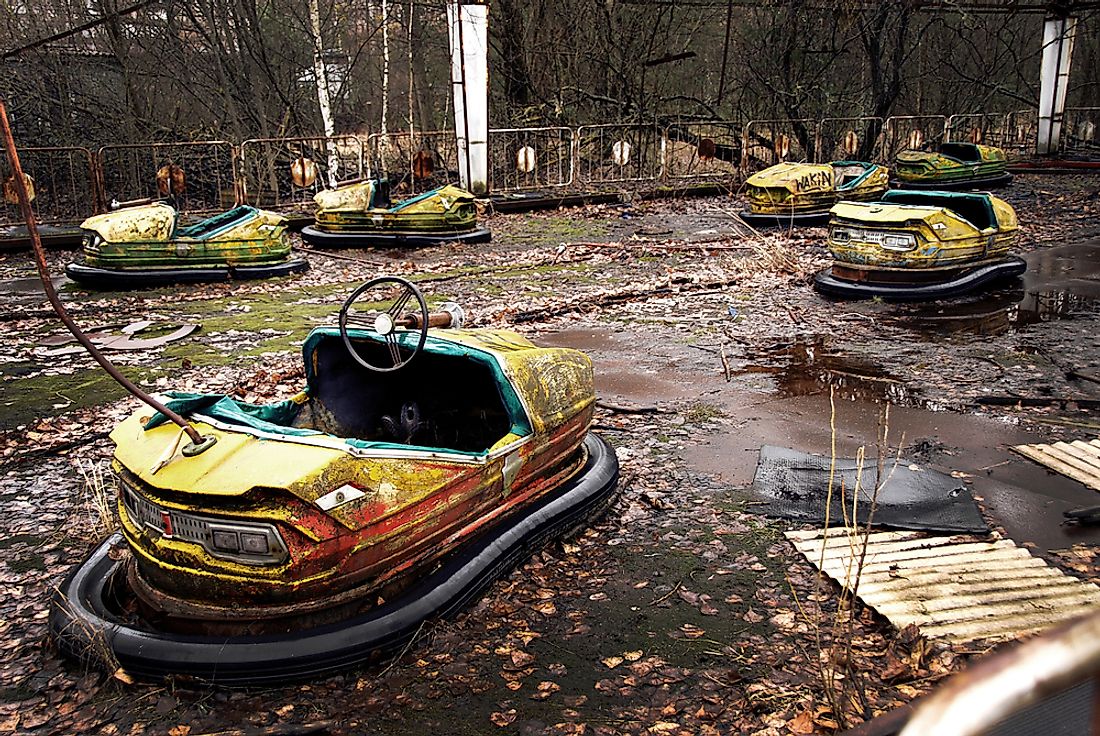 Abandoned bumper cars in the ghost town of Pripyat. 