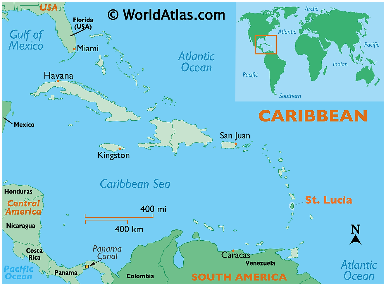 Mapa que muestra la ubicación de Santa Lucía en el mundo.