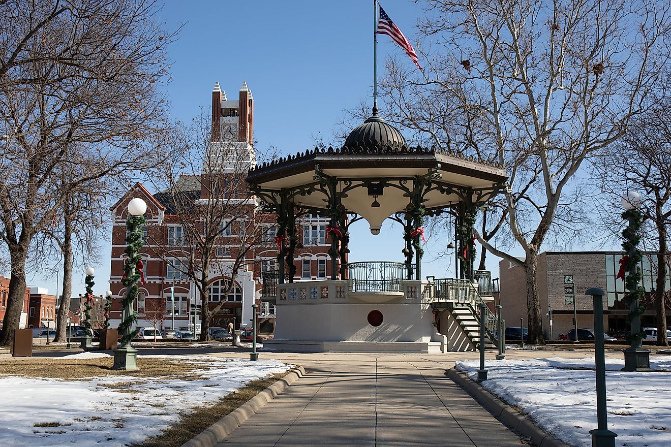 Bandshell decorated for Christmas in Oskaloosa, Iowa. Editorial credit: Rexjaymes / Shutterstock.com