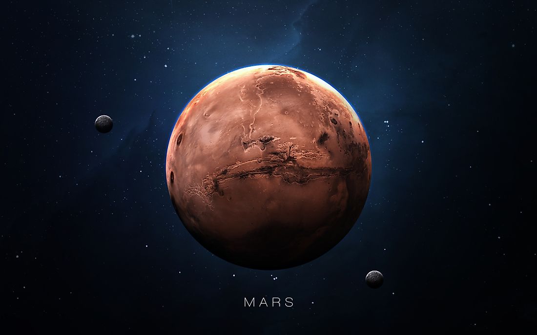 A 3D rendering showing Mars with both of its moons. 
