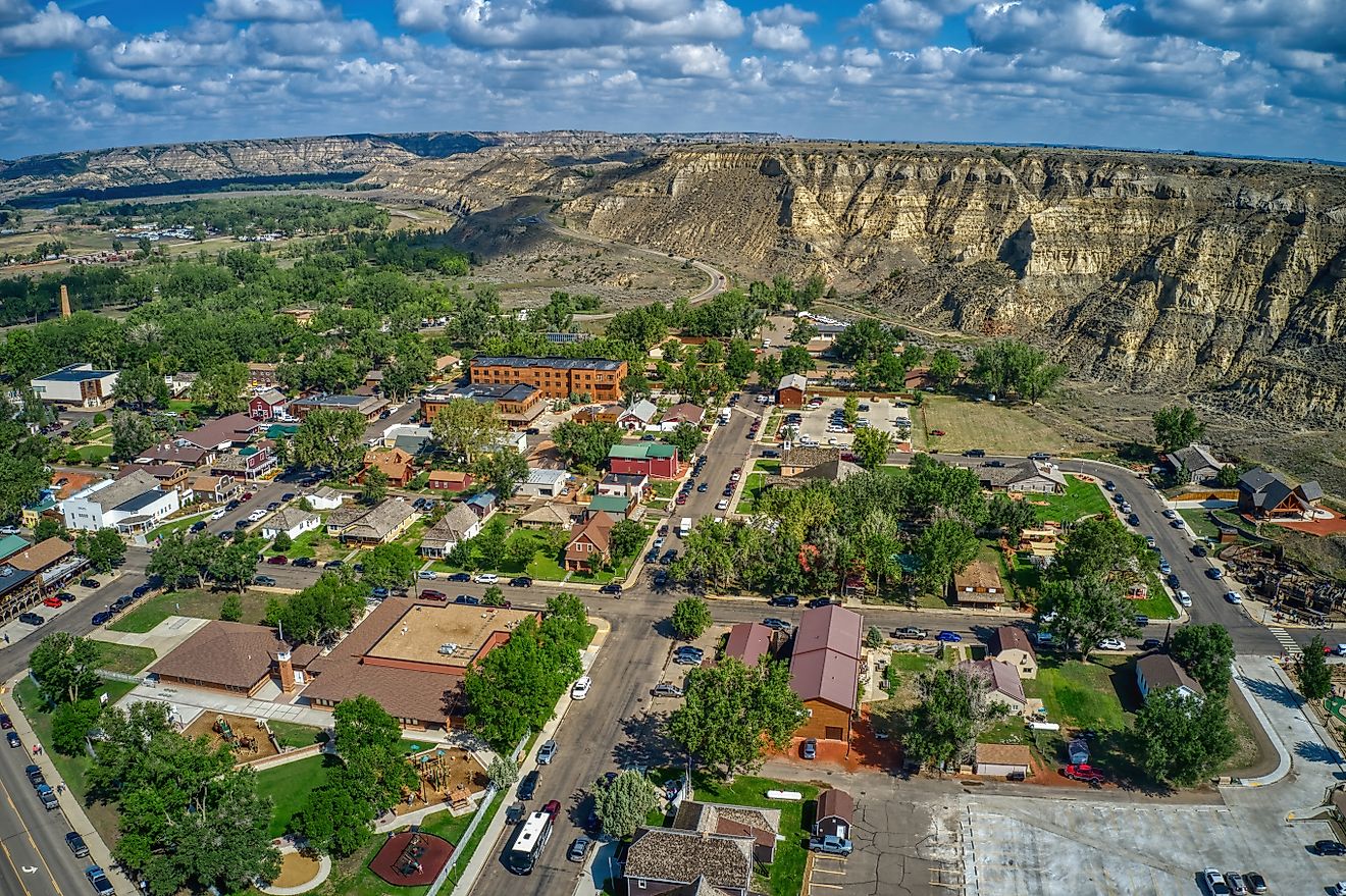 Aerial view of Medora, North Dakota, outside of Theodore Roosevelt National Park.