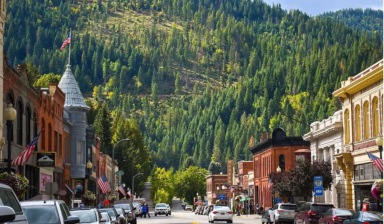 Main street with it's turn of the century brick buildings in the historic mining town of Wallace, Idaho.