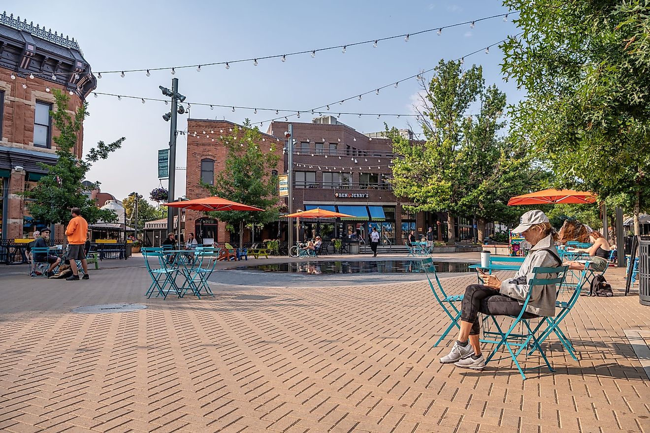 People hang out in the famous Old Town Square in Fort Collins, Colorado. Editorial credit: Page Light Studios / Shutterstock.com