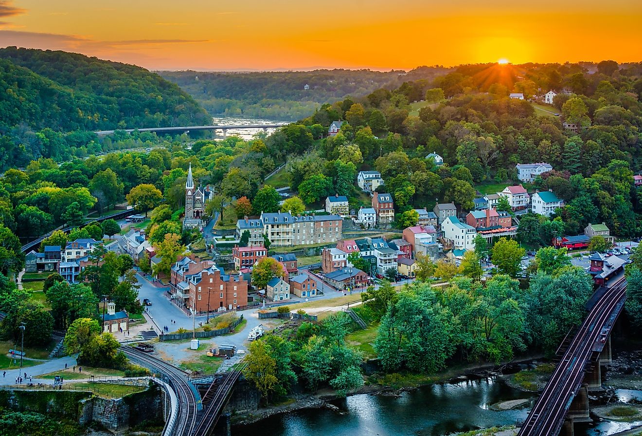 Sunset view of Harpers Ferry, West Virginia from Maryland Heights.