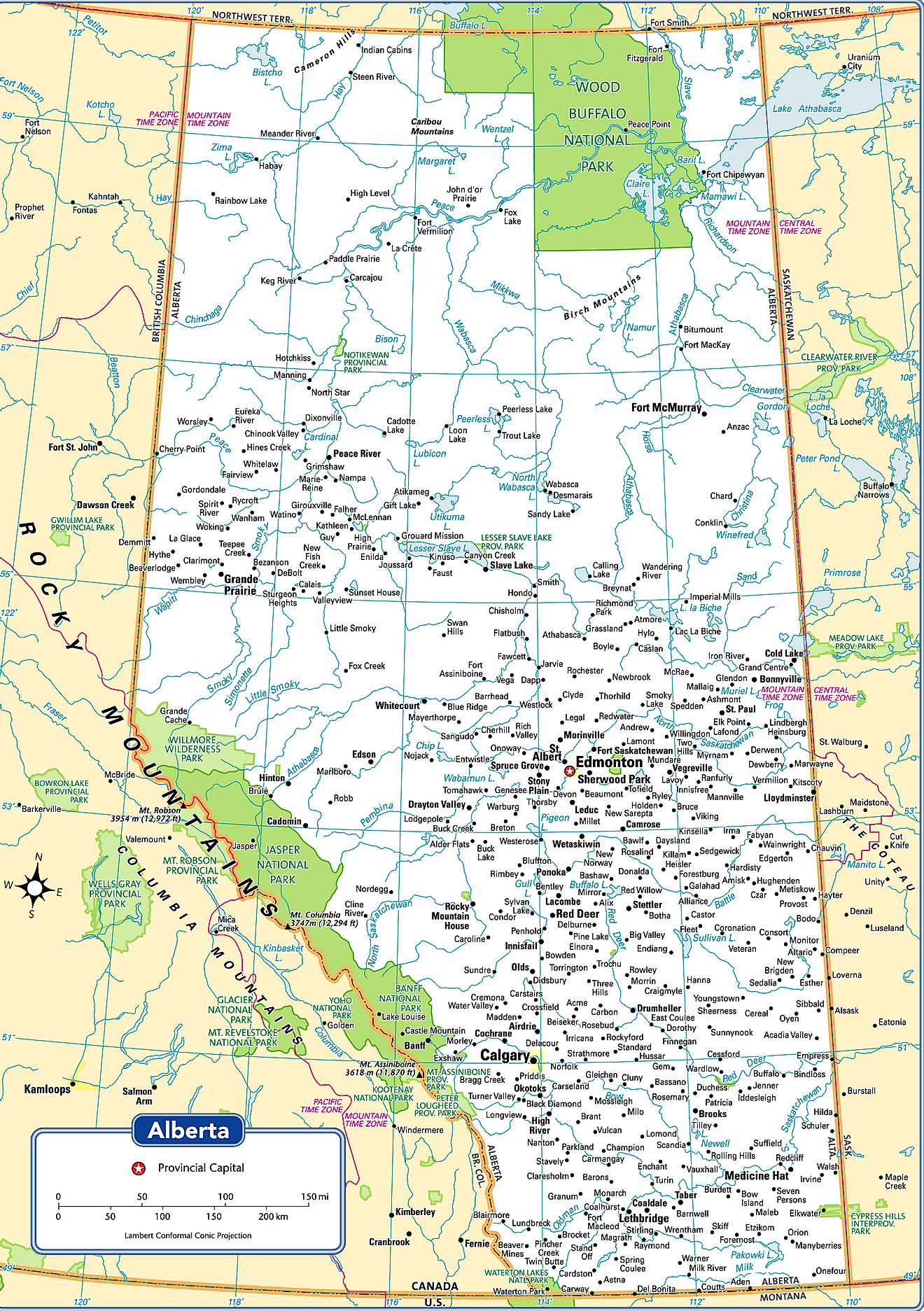 Administrative map of Alberta showing the different cities/towns including its capital city - Edmonton
