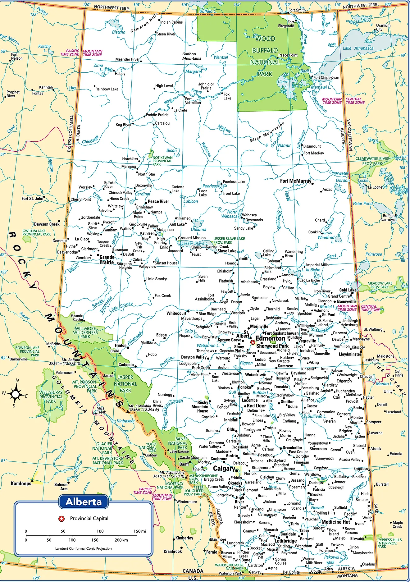 Administrative Map of Alberta showing its various cities/towns including its capital city - Edmonton