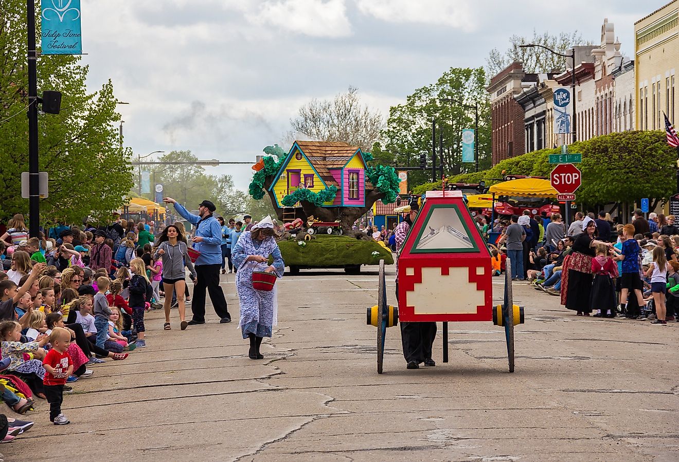 Tulip Time Festival Parade of Pella's dutch community, a festival dedicated to the citizens who immigrated from the Netherlands to America. Image credit yosmoes815 via Shutterstock