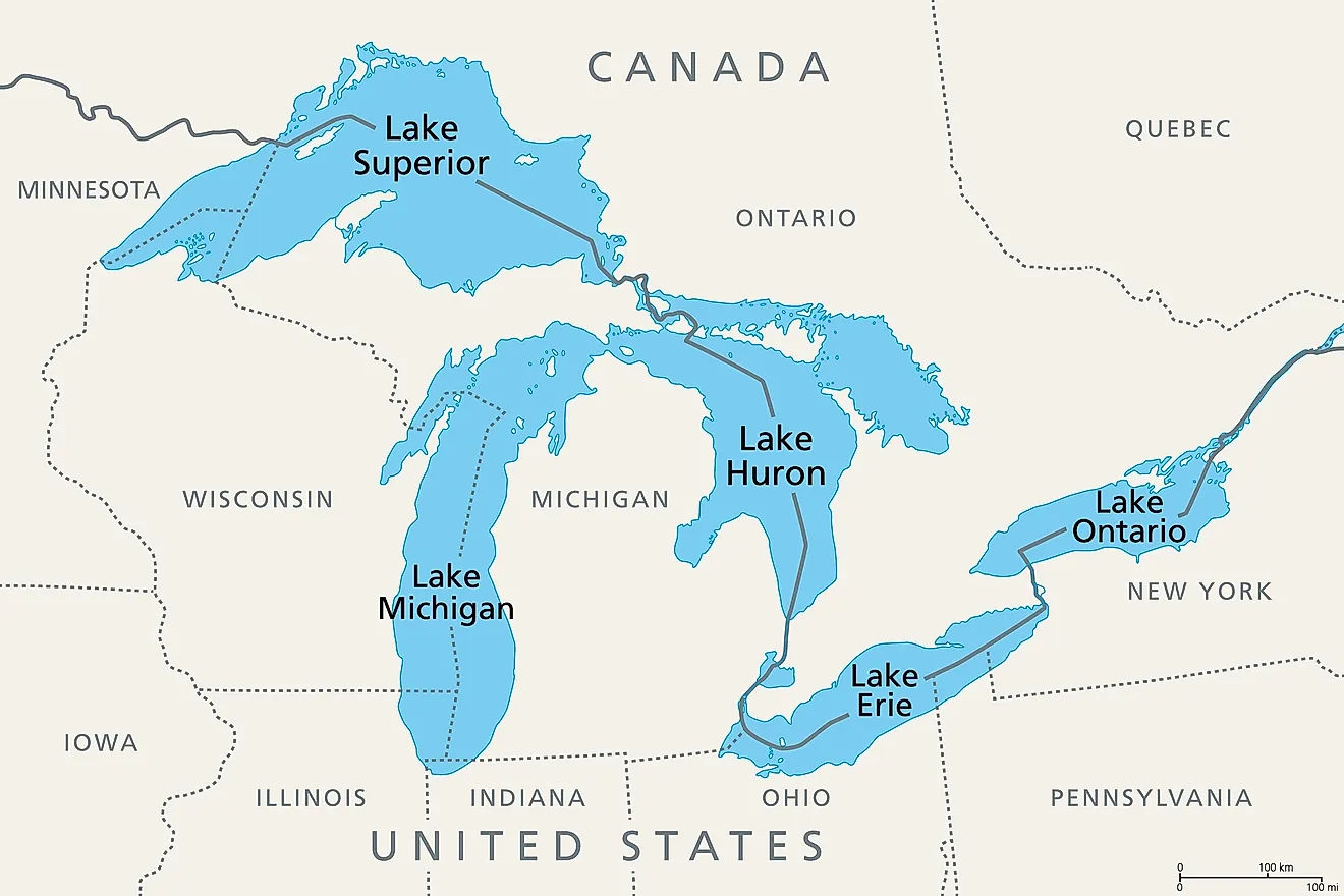 Great Lakes of North America, political map