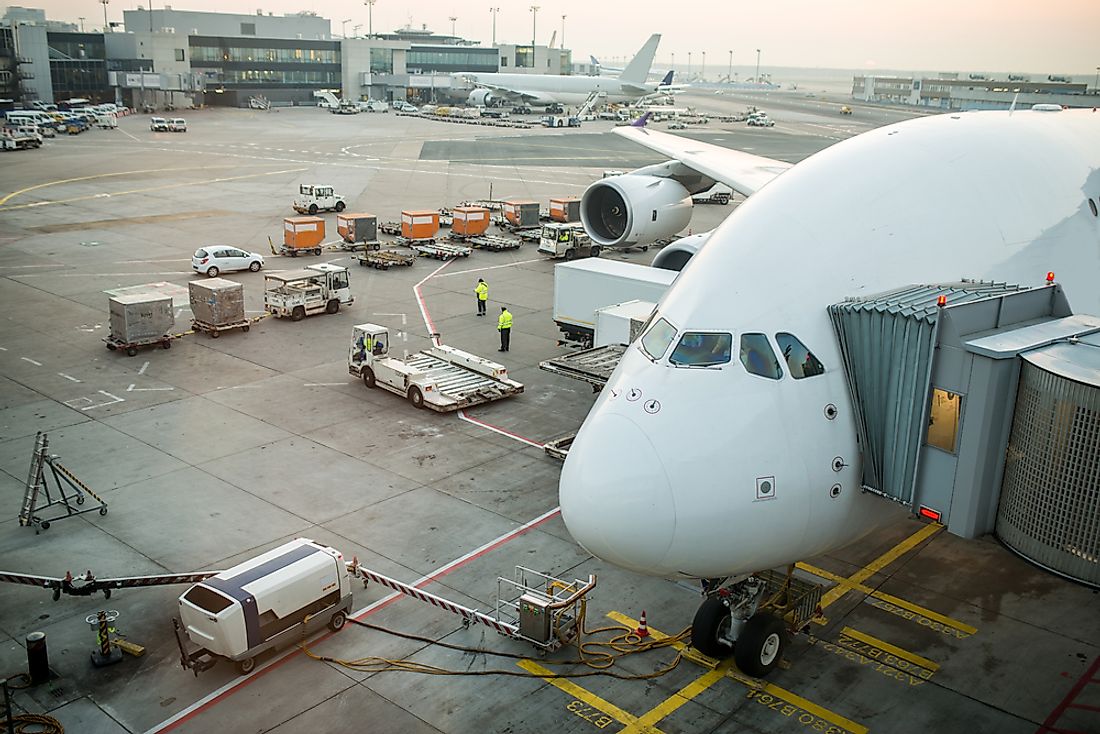 A commercial aircraft on the tarmac at Frankfurt Airport. 