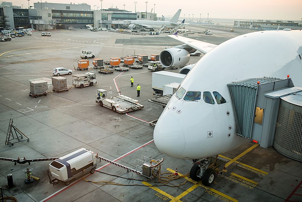 A commercial aircraft on the tarmac at Frankfurt Airport.