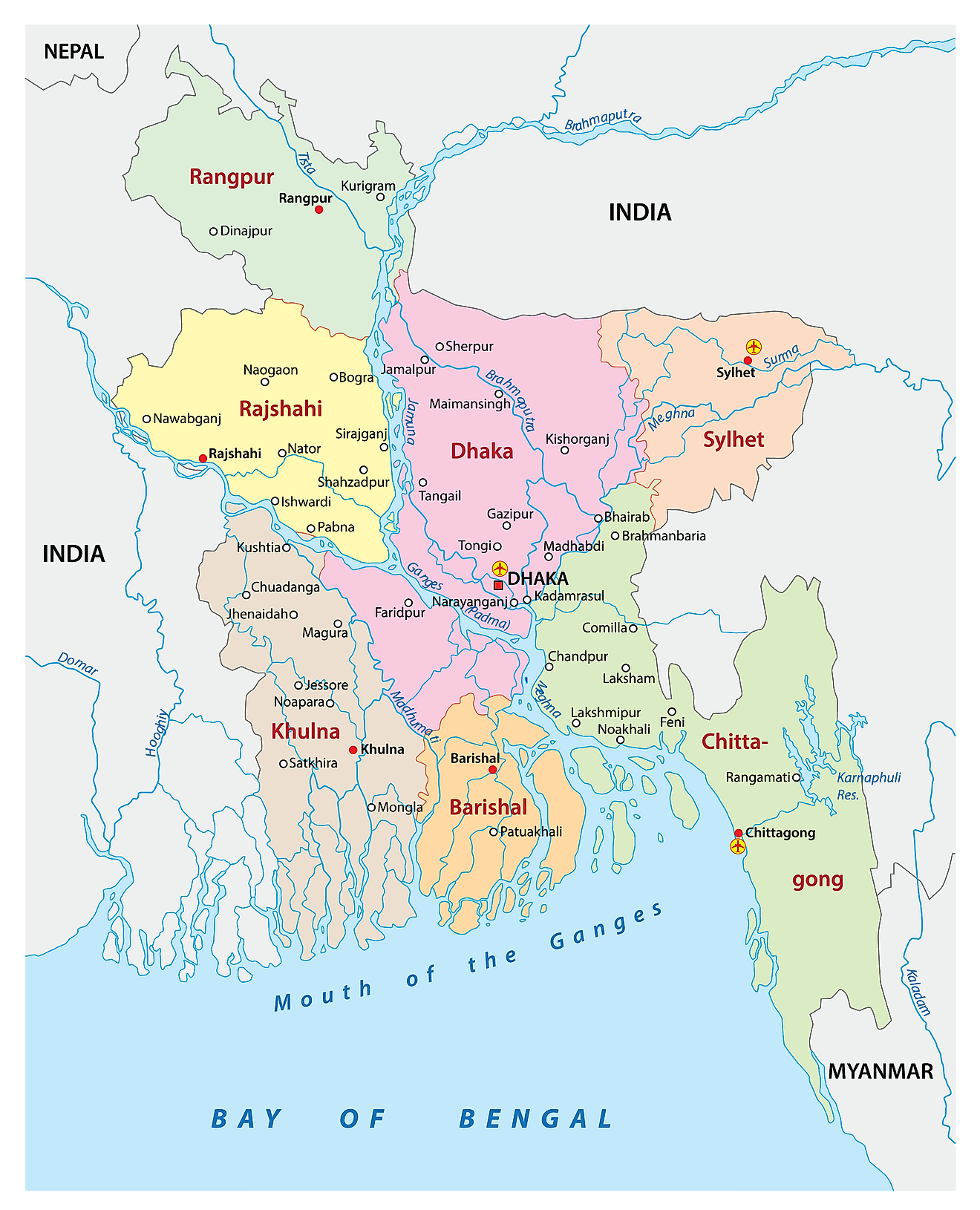 Political Map of Bangladesh showing the 8 Bibhags, their capitals, and the national capital city of Dhaka.