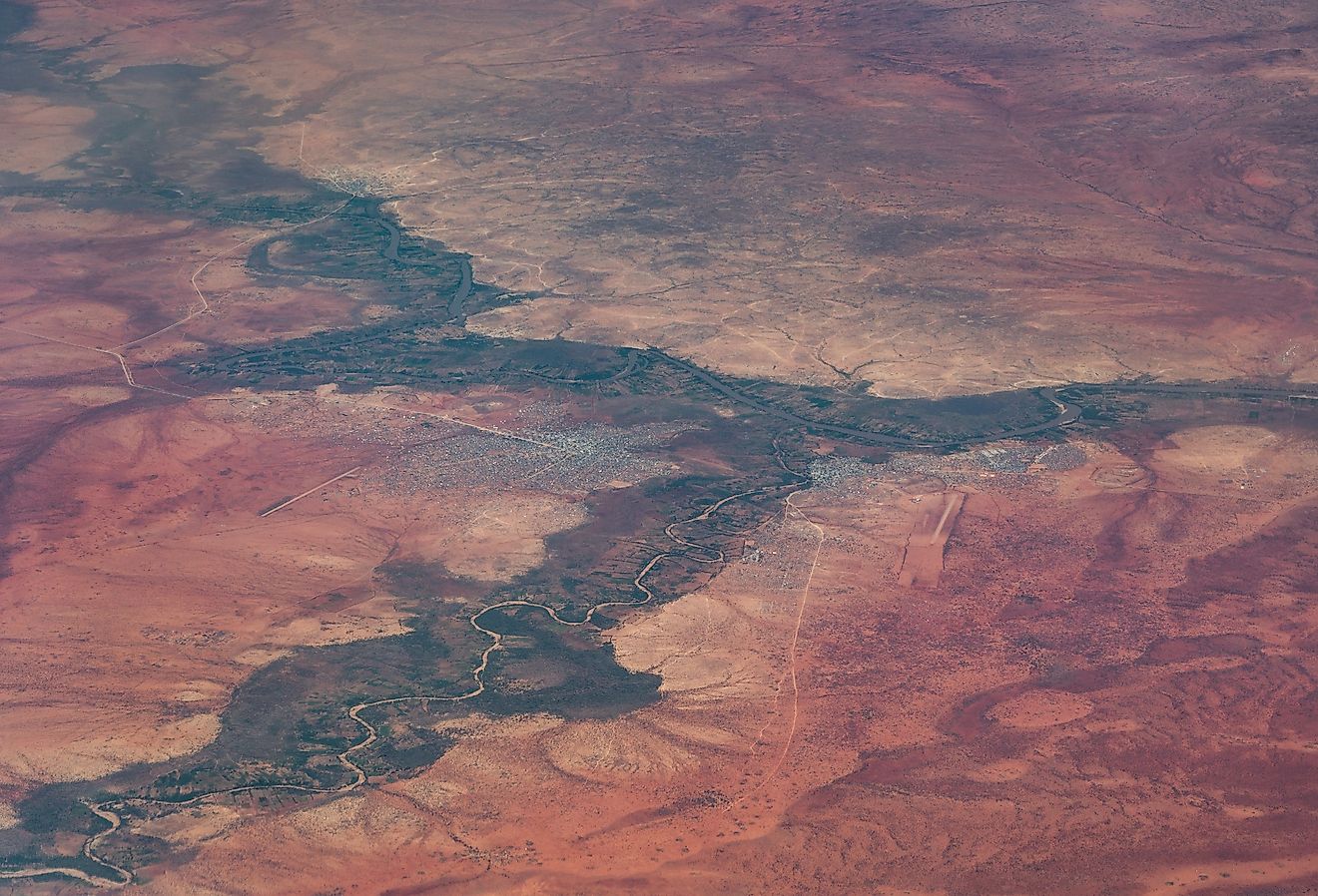 African aerial landscape view of border area between Dolo in Ethiopia and Doolow in Somalia, located in the place where the rivers Ganale and Dawa join to form the River Jubba.