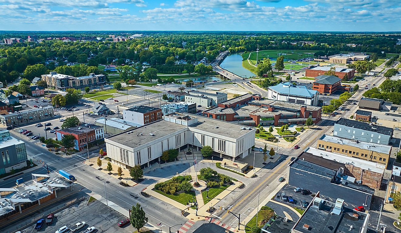Delaware County Court Administration building aerial of Muncie city, IN on sunny summer day.