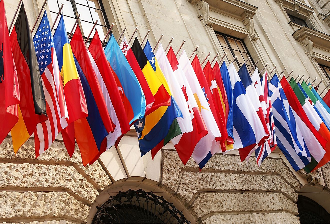Many flags of the OECD (Organisation for Economic Co-operation and Development) countries. 
