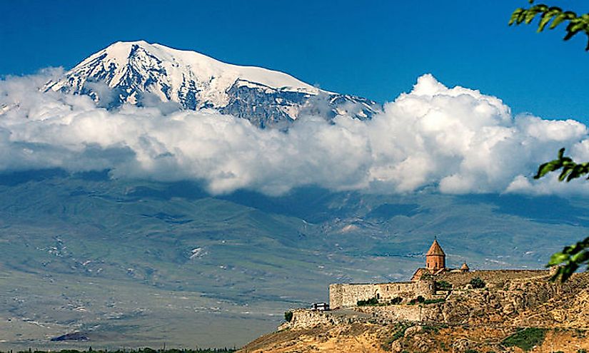 View of Ararat, the tallest mountain in Turkey, from Khor Virap, Armenia