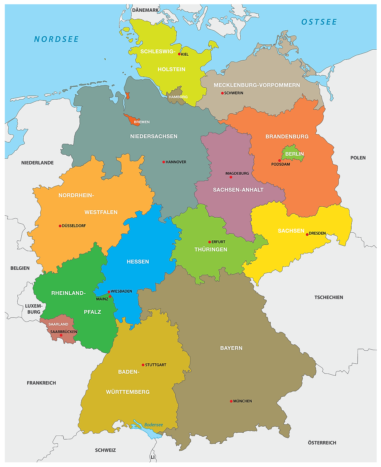 Political Map of Germany showing its 16 states and the capital city of Berlin.