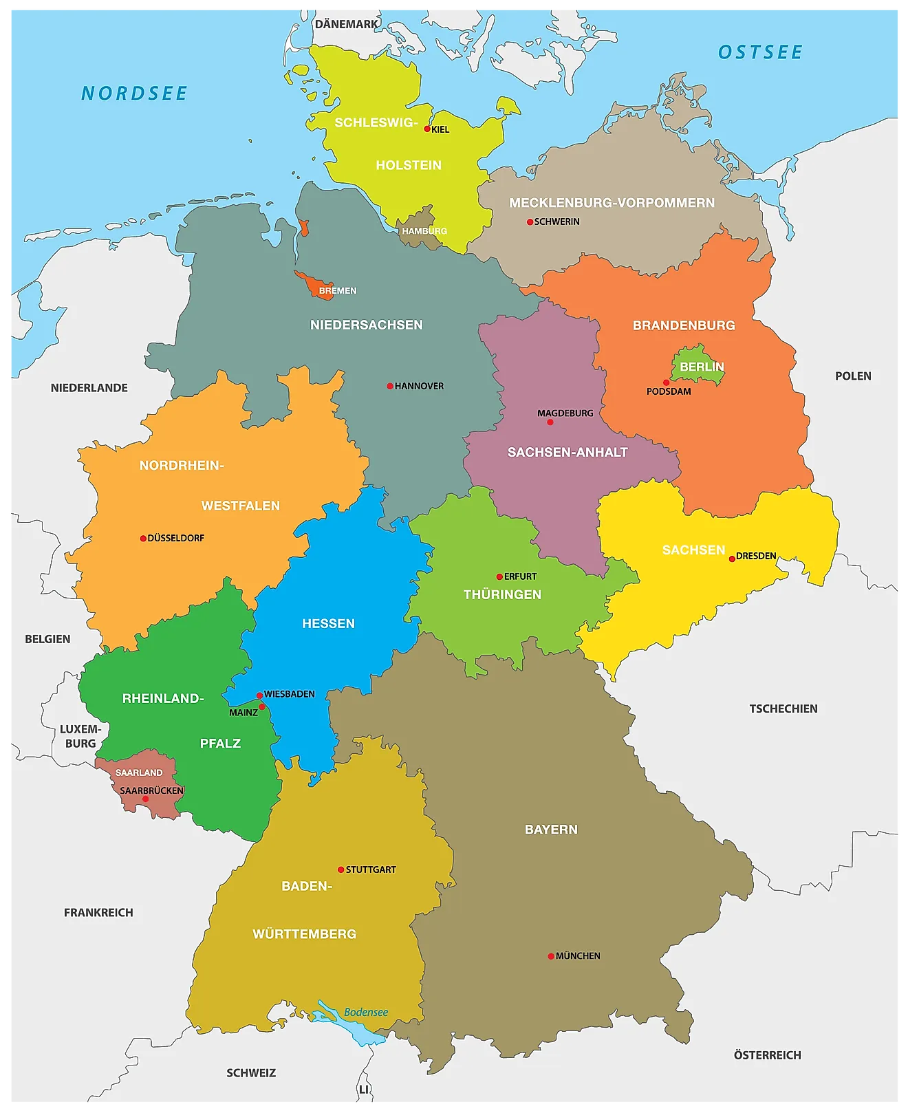 Political Map of Germany showing its 16 states and the capital city of Berlin.