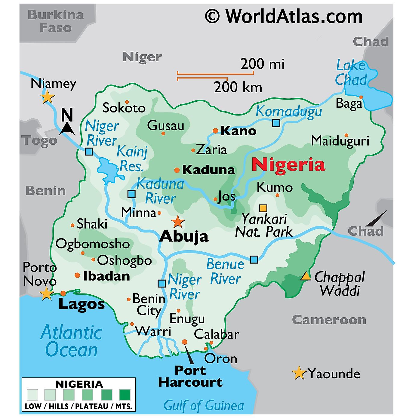 Physical Map of Nigeria with state boundaries. The map shows physical features like relief, highest peak, major rivers, lakes, major cities, etc.