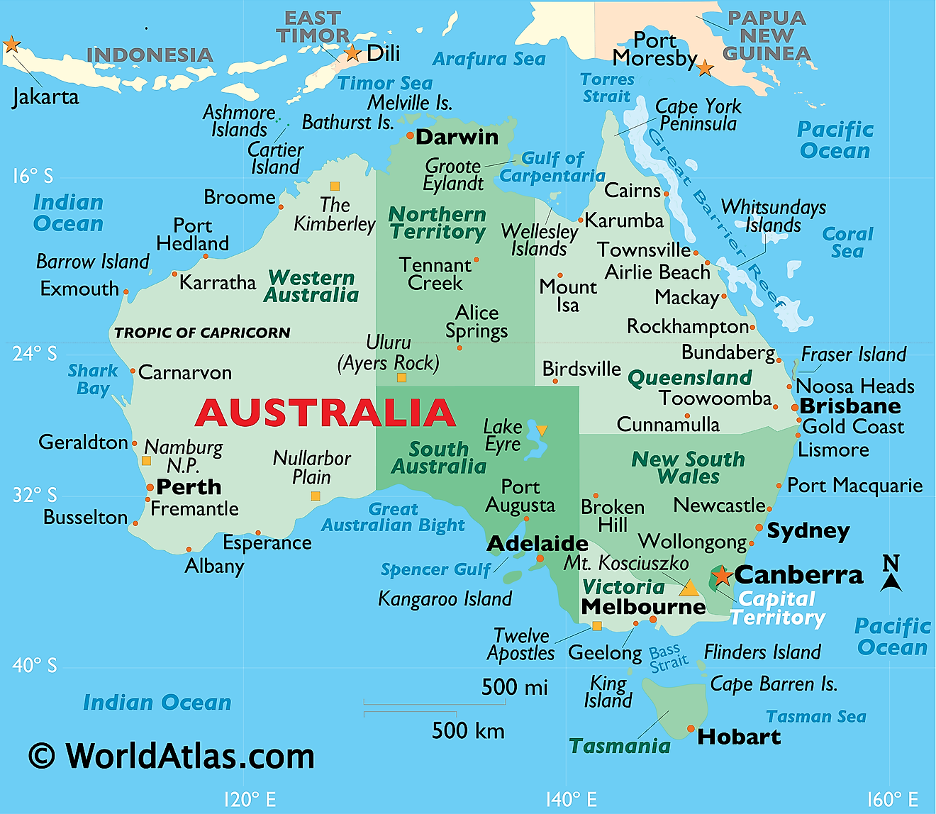 Mapa físico de Australia que muestra islas, penínsulas, lagos, colinas, ciudades principales, estados y más.