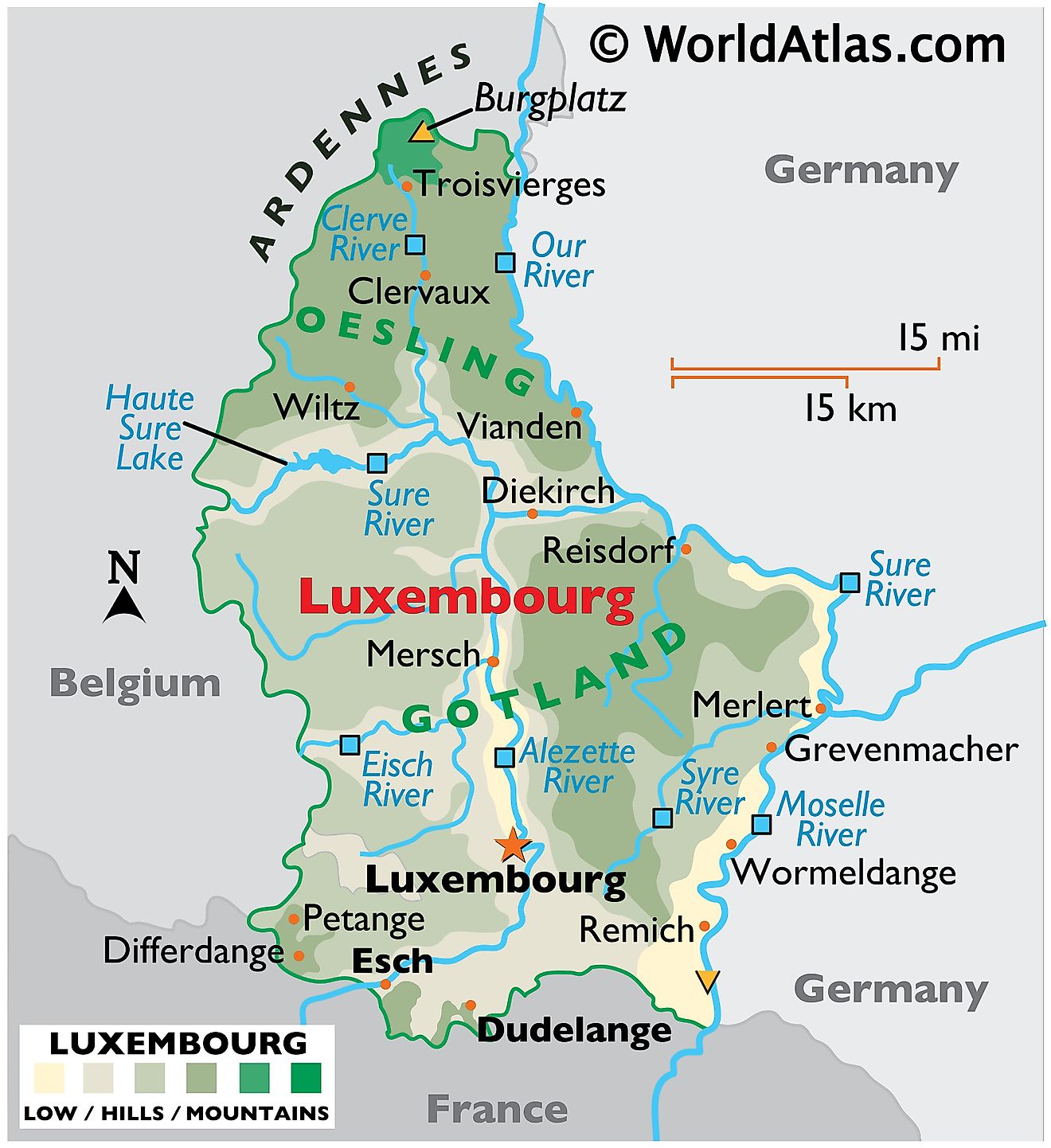 Physical Map of Luxembourg showing terrain, highest and lowest points, major rivers draining the country, important cities, international boundaries, etc.
