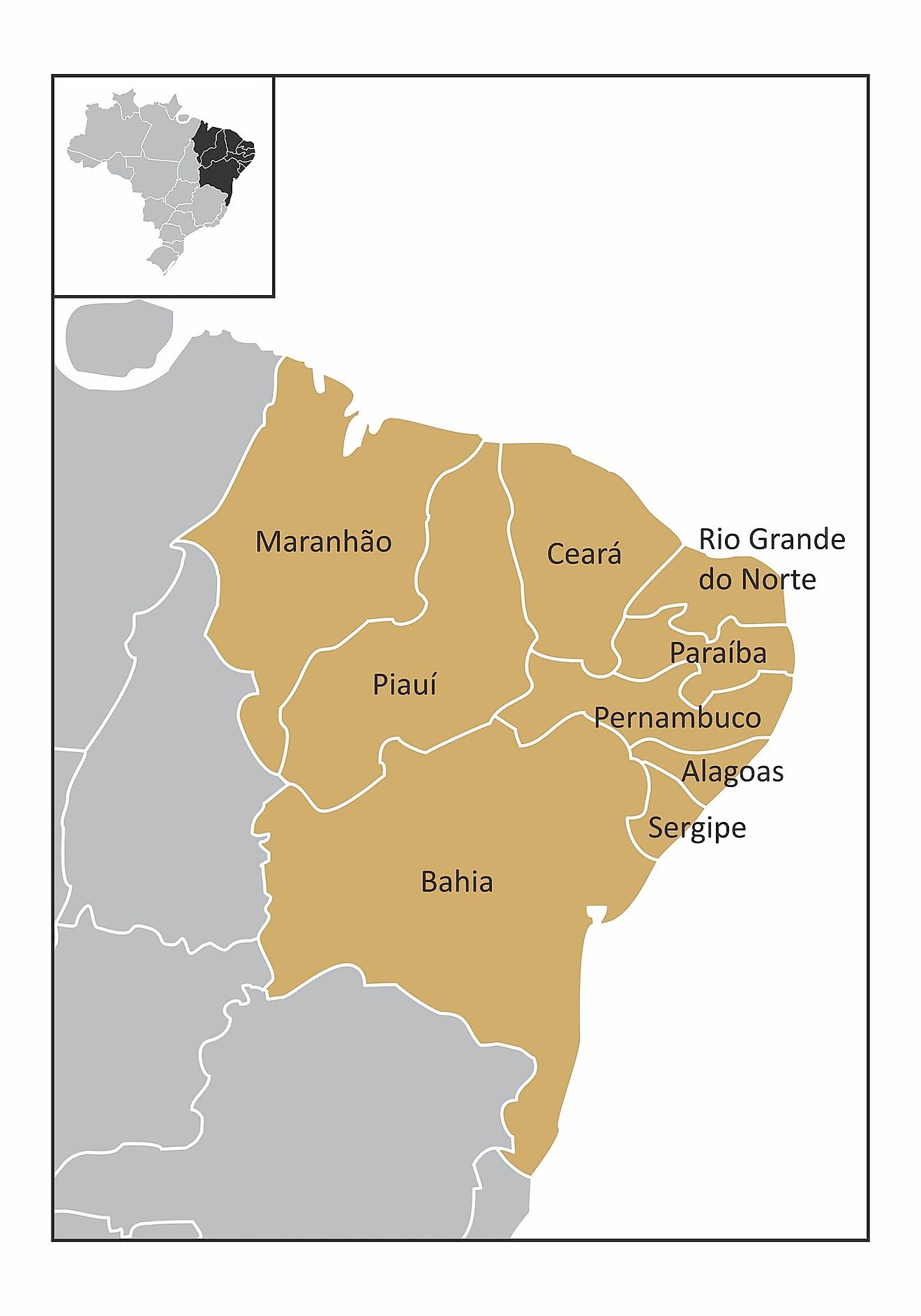 Map of the northeast region of Brazil. Image credit: Luisrftc/Shutterstock.com