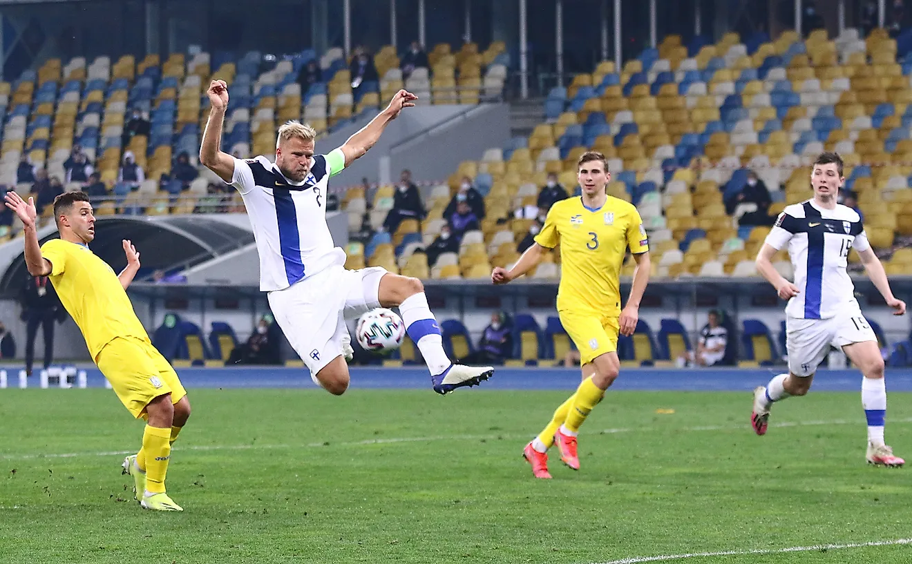 Paulus Arajuuri of Finland attacks during the FIFA World Cup 2022 Qualifying round game against Ukraine at NSK Olimpiyskiy stadium in Kyiv - Editorial credit: katatonia82 / Shutterstock.com