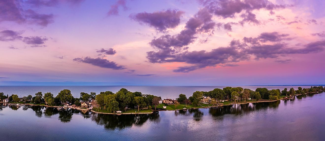 Panoramic View of the Cedar Point Peninsula at Dusk in Sandusky, Ohio.