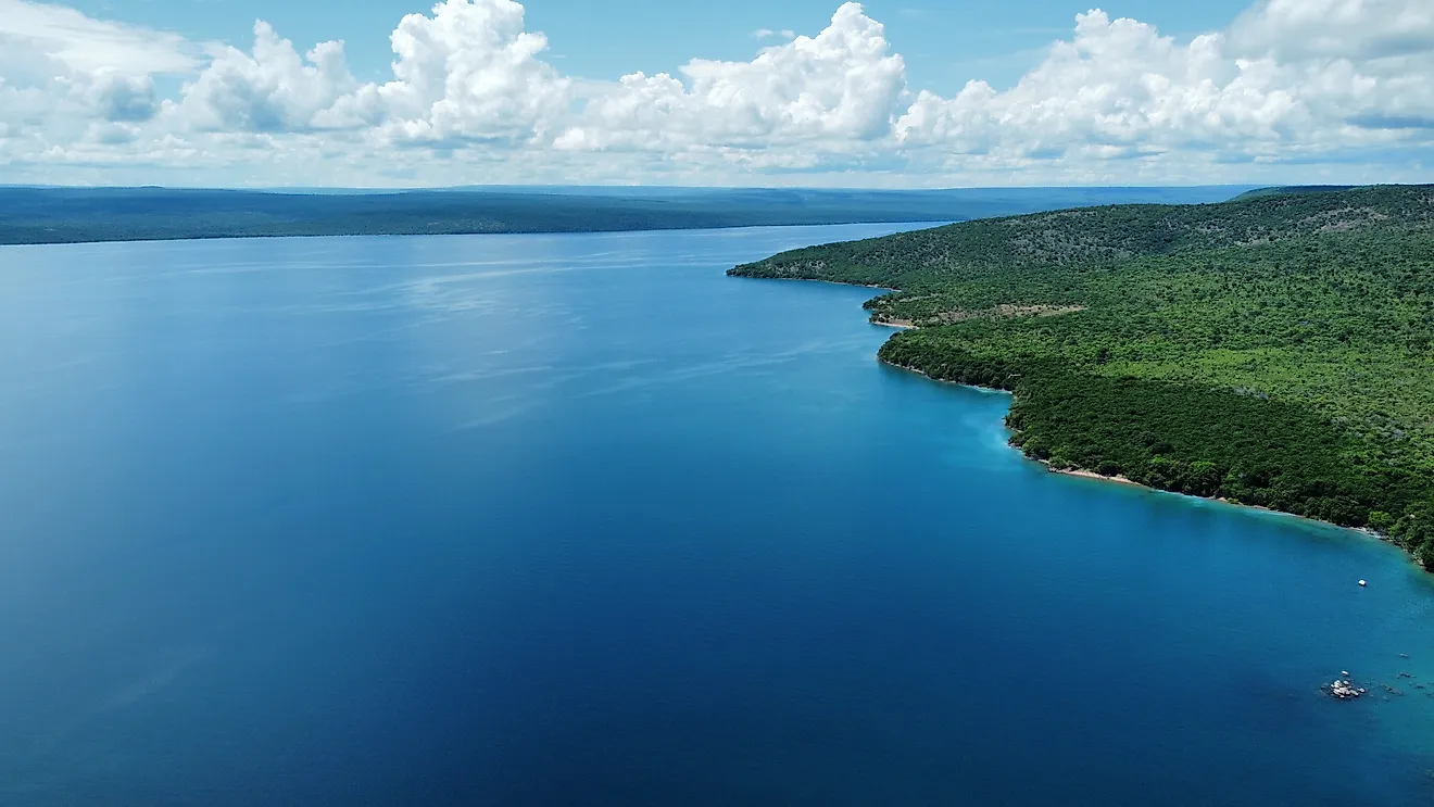 The blue fresh waters of Lake Tanganyika in Zambia, Africa. An inland sea and longest lake in the world