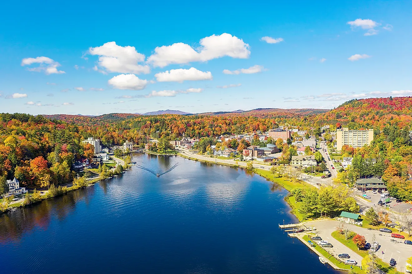 Colorful aerial view of Saranac Lake New York in the Adirondack Mountains