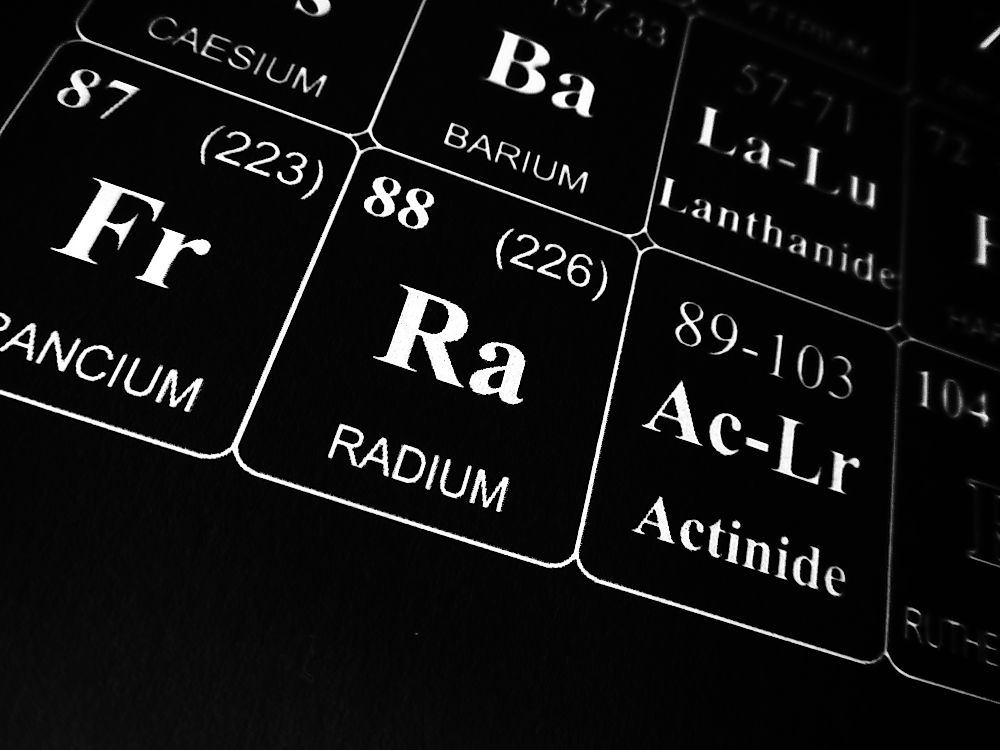 Radium's position on the table of periodic elements. 