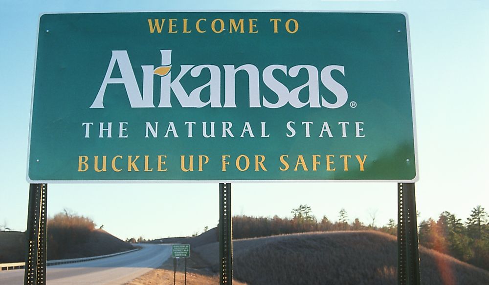 Welcome sign at the Arkansas border.