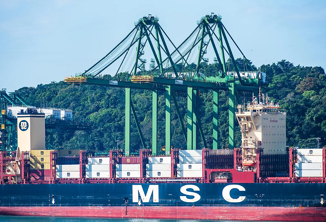 Container terminal with gantry cranes and berthed MSC merchant ship during cargo operation in port of Balboa, Panama. Image credit Mariusz Bugno via Shutterstock