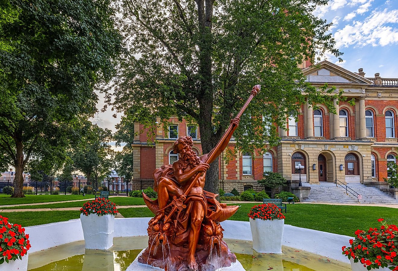 The Elkhart County Courthouse and it is Neptune Fountain in Goshen, Indiana. Image credit Roberto Galan via Shutterstock