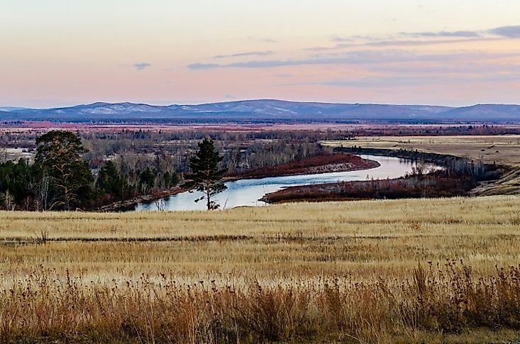 An idyllic stretch of the Selenga River in Russia in autumn.