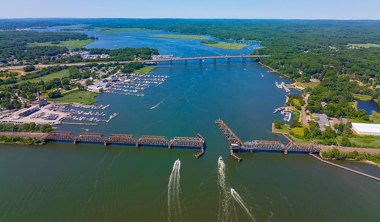 Aerial view of the Connecticut River flowing past Old Saybrook.
