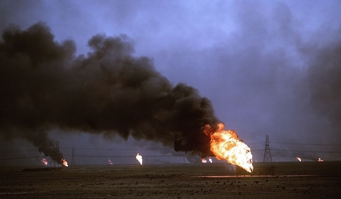 Kuwaiti oil wells set on fire by Iraqi forces.