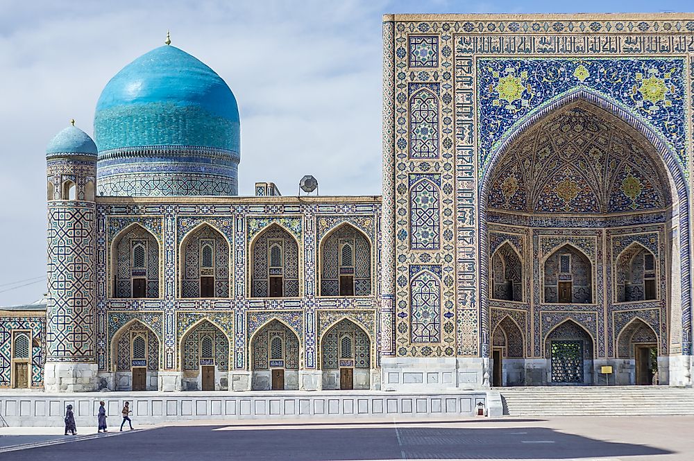 Registan square after sunset in Samarkand, Uzbekistan.